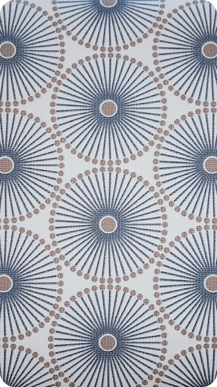 Geometric floral pattern wallpaper with blue radiating sunburst medallions on white background